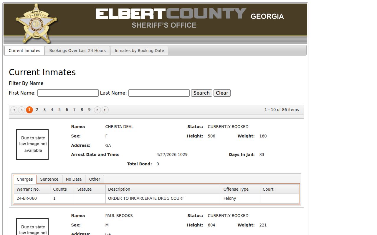 Elbert County arrest history current inmate booking search