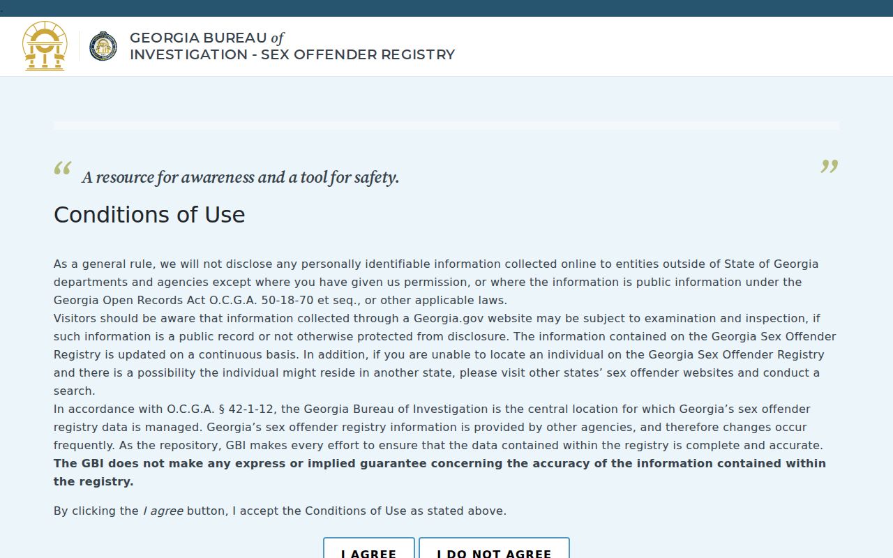 Georgia Sex Offender Registry public search conditions and controls