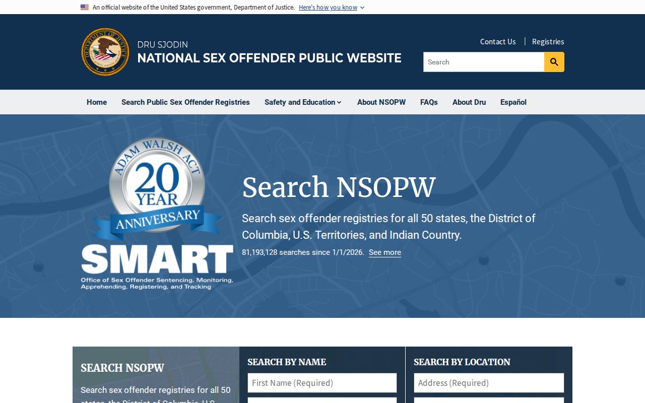 National Sex Offender Public Website cross-state search page